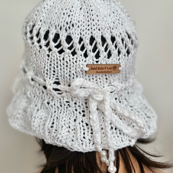 Hand Knits 2 Love White Cotton Brim Hat Cap Lace Pearls White Designer Lace Chic - Picture 3 of 9